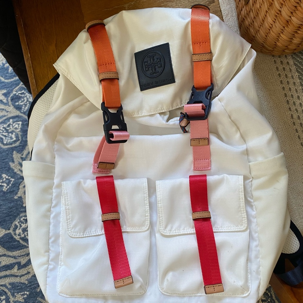 Tory Burch White Backpack with Red and Pink Accents